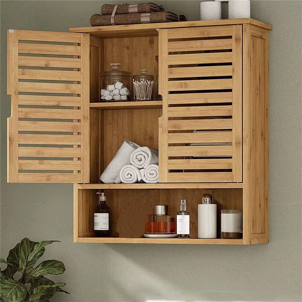 Natural Bamboo Wall-Mounted Bathroom and Kitchen Cabinet with 3-Tier Storage Organizer