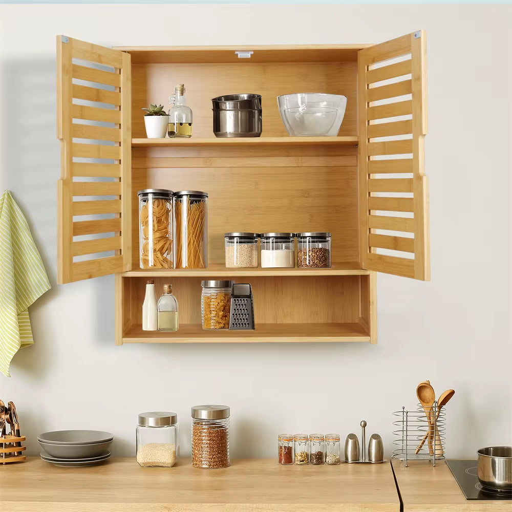 Natural Bamboo Wall-Mounted Bathroom and Kitchen Cabinet with 3-Tier Storage Organizer