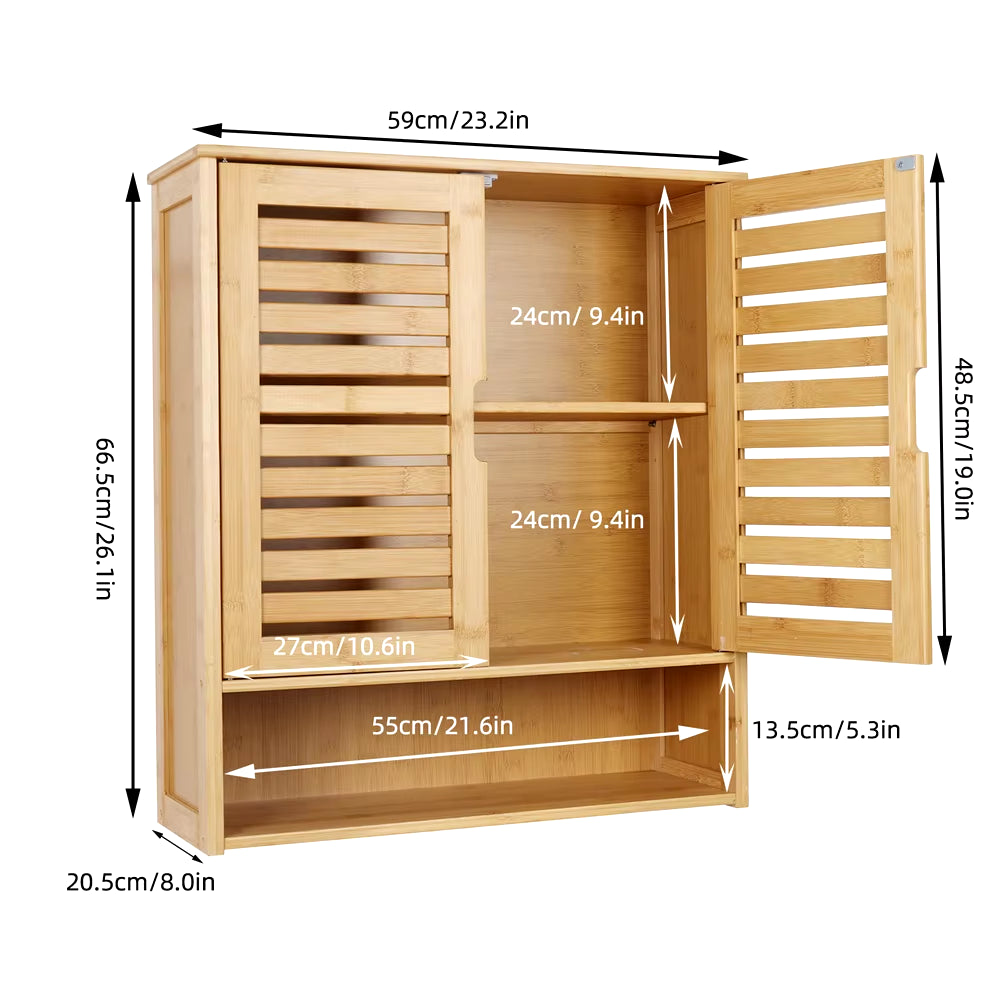 Natural Bamboo Wall-Mounted Bathroom and Kitchen Cabinet with 3-Tier Storage Organizer