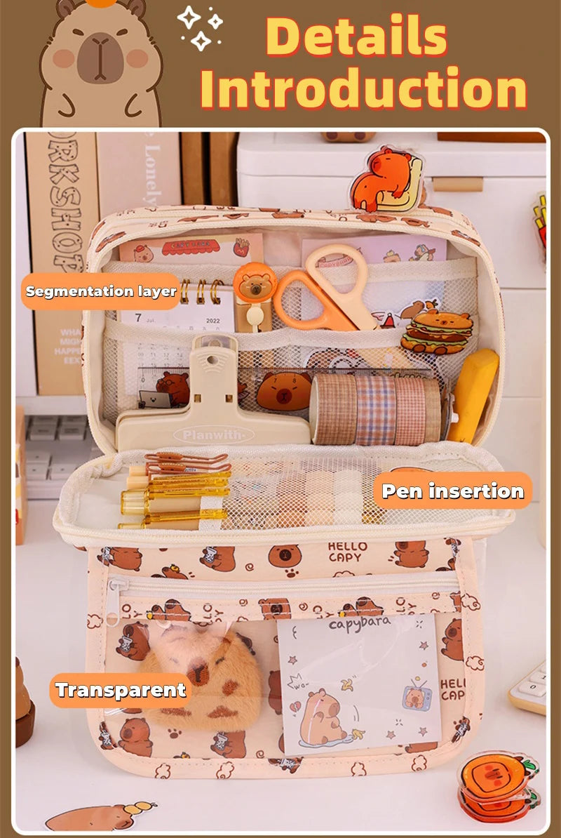 Capybara Multi-Layer Large Capacity Pencil Case Cartoon Stationery Organizer Cute Multi-Functional Pen Pouch for School Supplies
