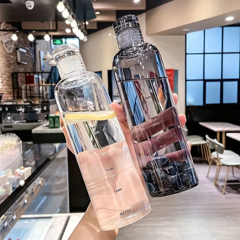 500Ml/16.9Oz Transparent Plastic Sport Water Bottle Time Marker Leakproof Juice Milk Cup Portable Kid School Gym Sport Cup