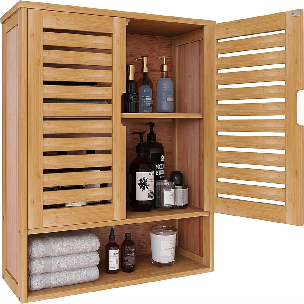 Natural Bamboo Wall-Mounted Bathroom and Kitchen Cabinet with 3-Tier Storage Organizer