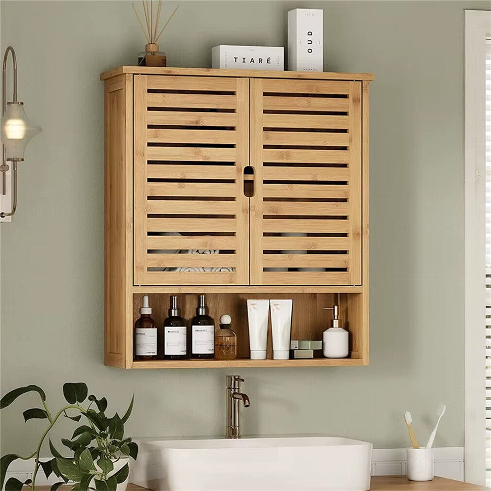Natural Bamboo Wall-Mounted Bathroom and Kitchen Cabinet with 3-Tier Storage Organizer