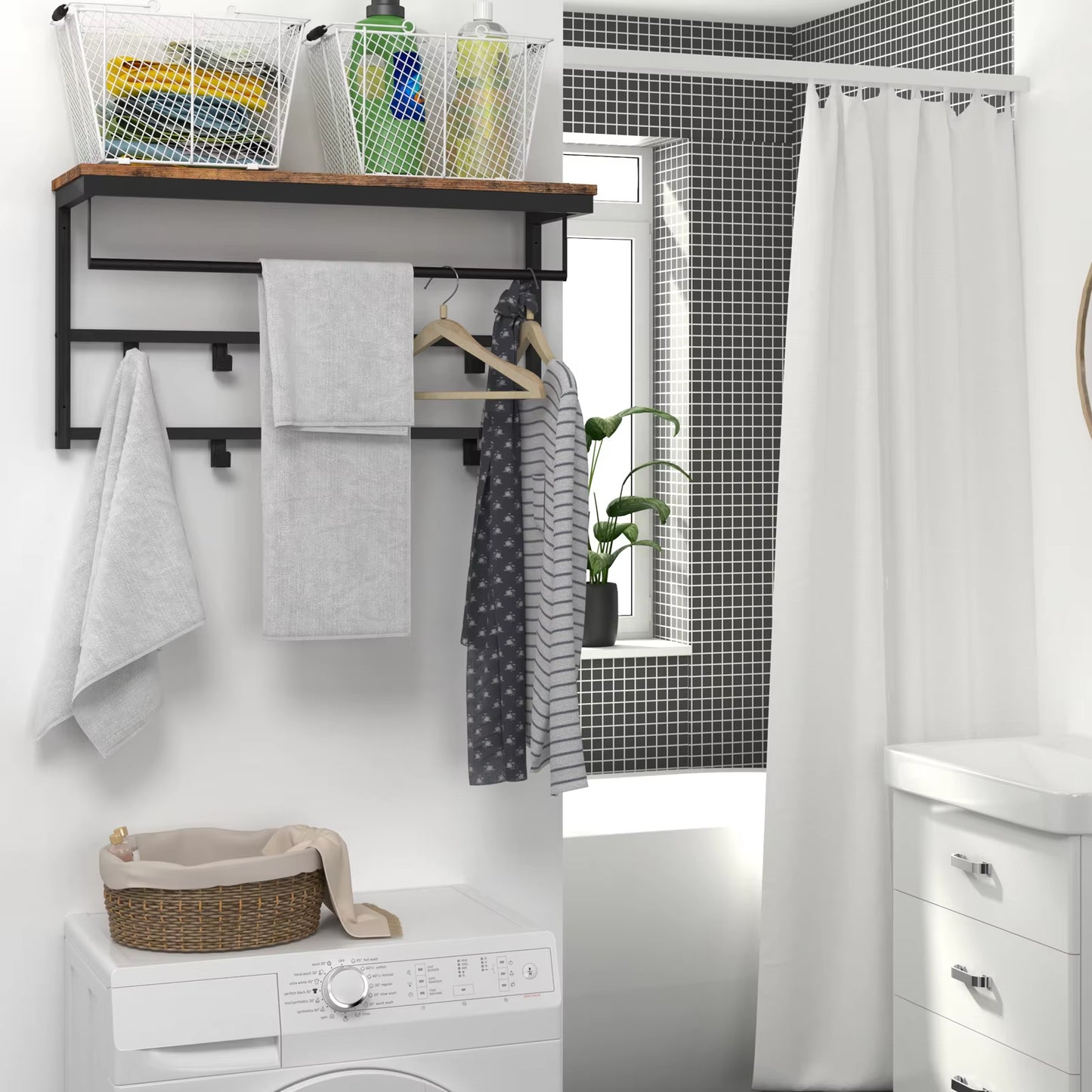 Wall-Mounted Coat Rack with 10 Hooks and Shelf, Ideal for Entryway, Bathroom, Living Room, and Laundry Room