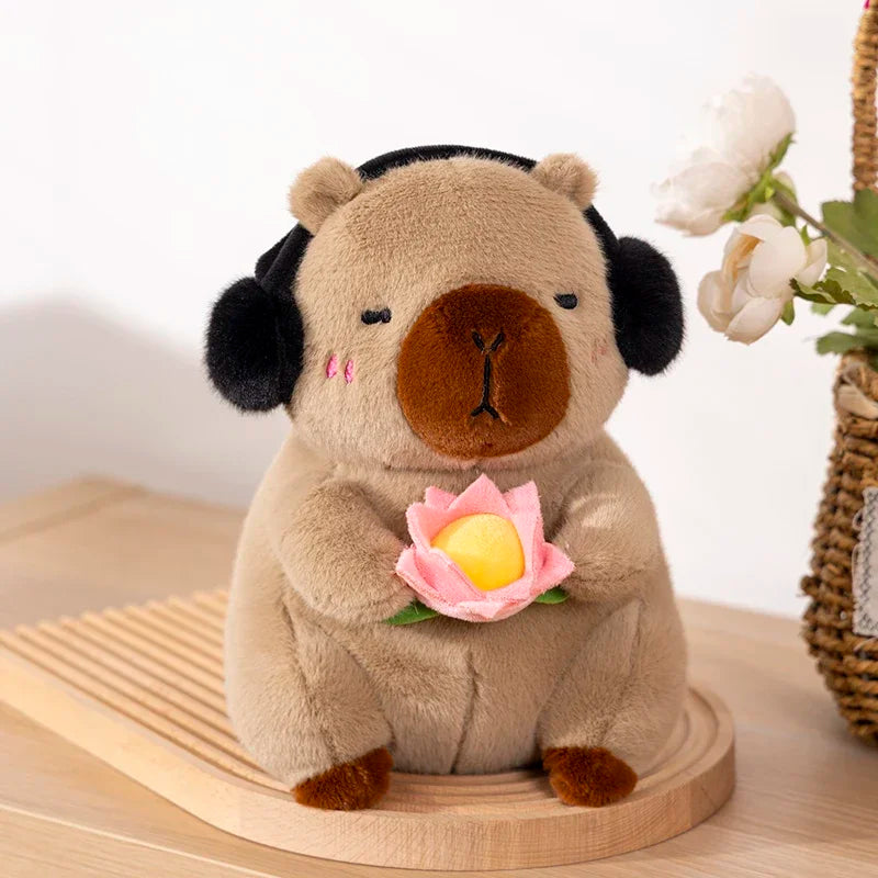 Cute Capybara Plush Toy Stuffed Animals Capybara Hold Lotus Flower White-Face Monkey Soft Doll Kids Toys Birthday Christmas Gift