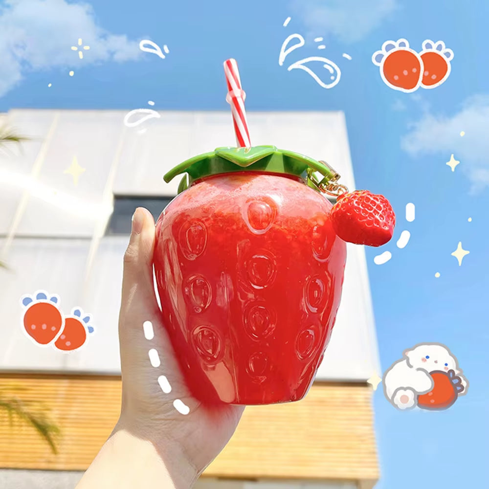 Strawberry Shape Water Cup Plastic Water Bottle with Straw Portable Drinking Bottle Juice Tea Cup Home Office Drinkware