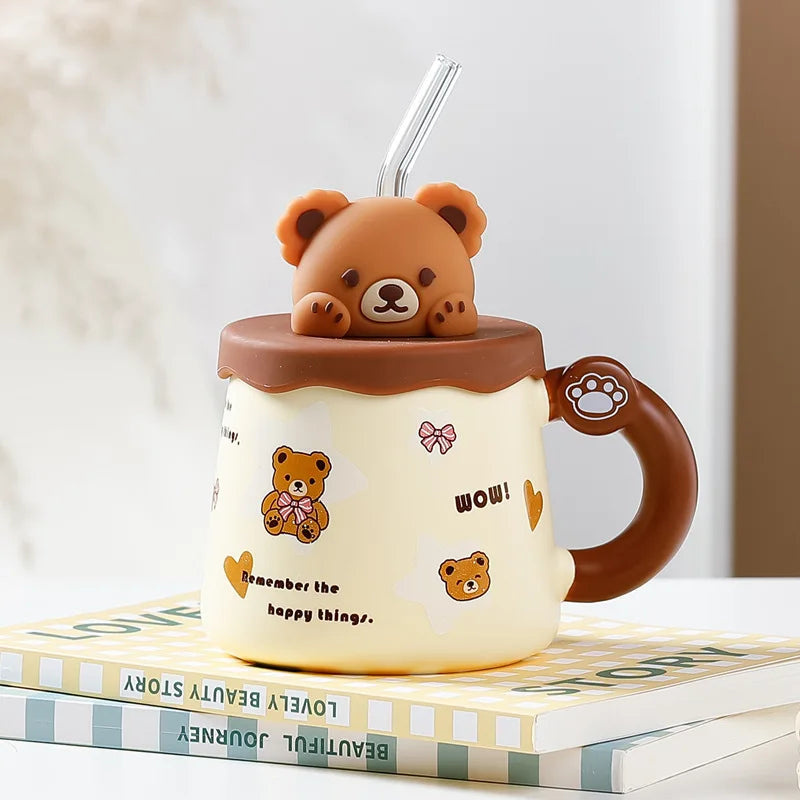 Creative Cute Lovely Bear Ceramic Mug with Lid, Coffee Cups, Breakfast Milk Mugs,Cup with Straw Water Cup, Large Capacity