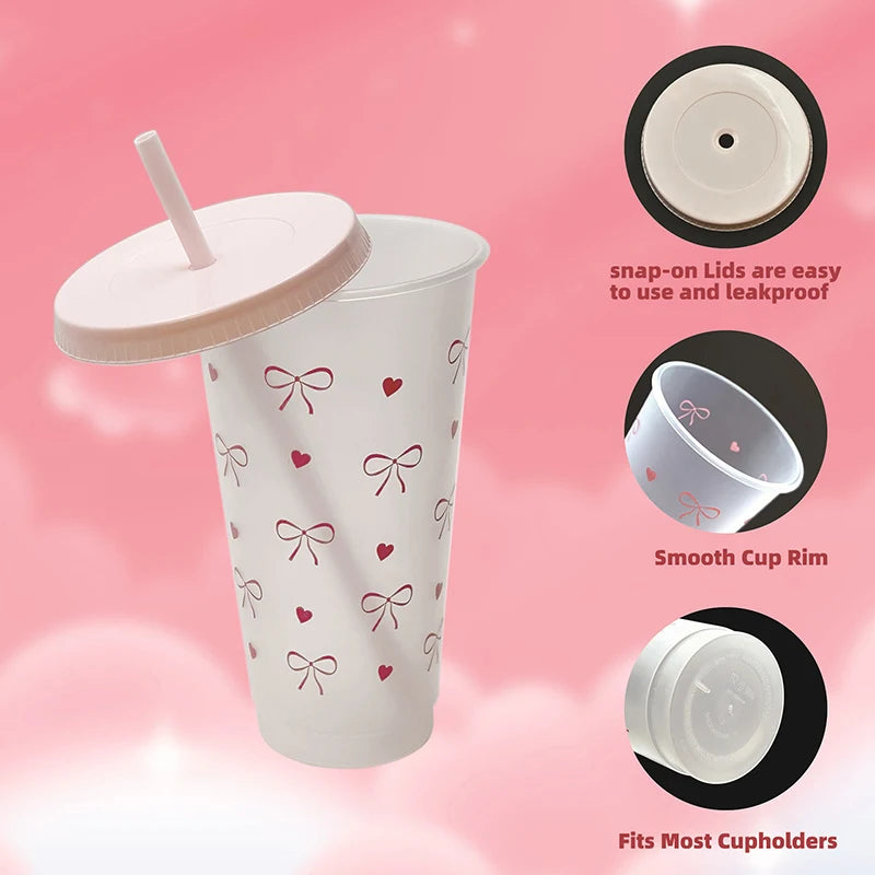 Cute Pink Bow Plastic Cup with Lid & Straw Clear Reusable PP Tumbler Party Cup for Birthday and Baby Showers 〔QTG329〕