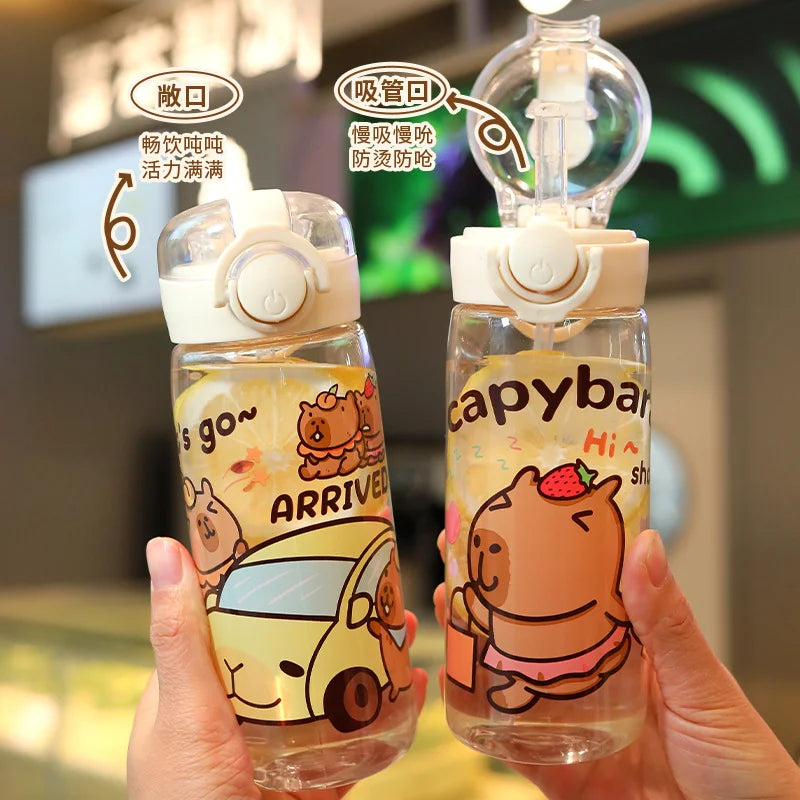 2025 Cross-Border Cartoon Capibala Double Drinking Cups 400Ml Portable Strap Sippy Cups Student Cups Children'S Plastic Cups.