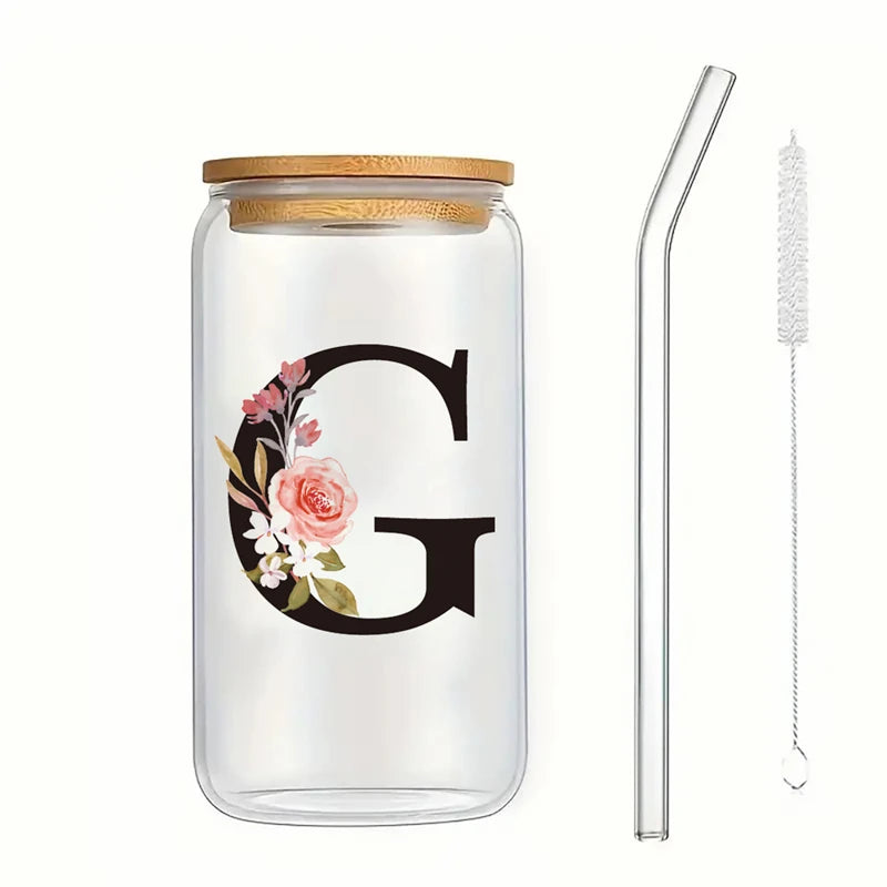 Alphabet Flowers Drinking Glass Letter A-Z Iced Coffee Water Juice Bottle Portable Clear Cup with Lid Straw Brush Birthday Gifts