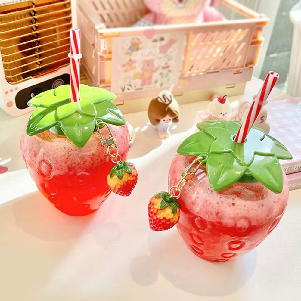 Strawberry Shape Water Cup Plastic Water Bottle with Straw Portable Drinking Bottle Juice Tea Cup Home Office Drinkware