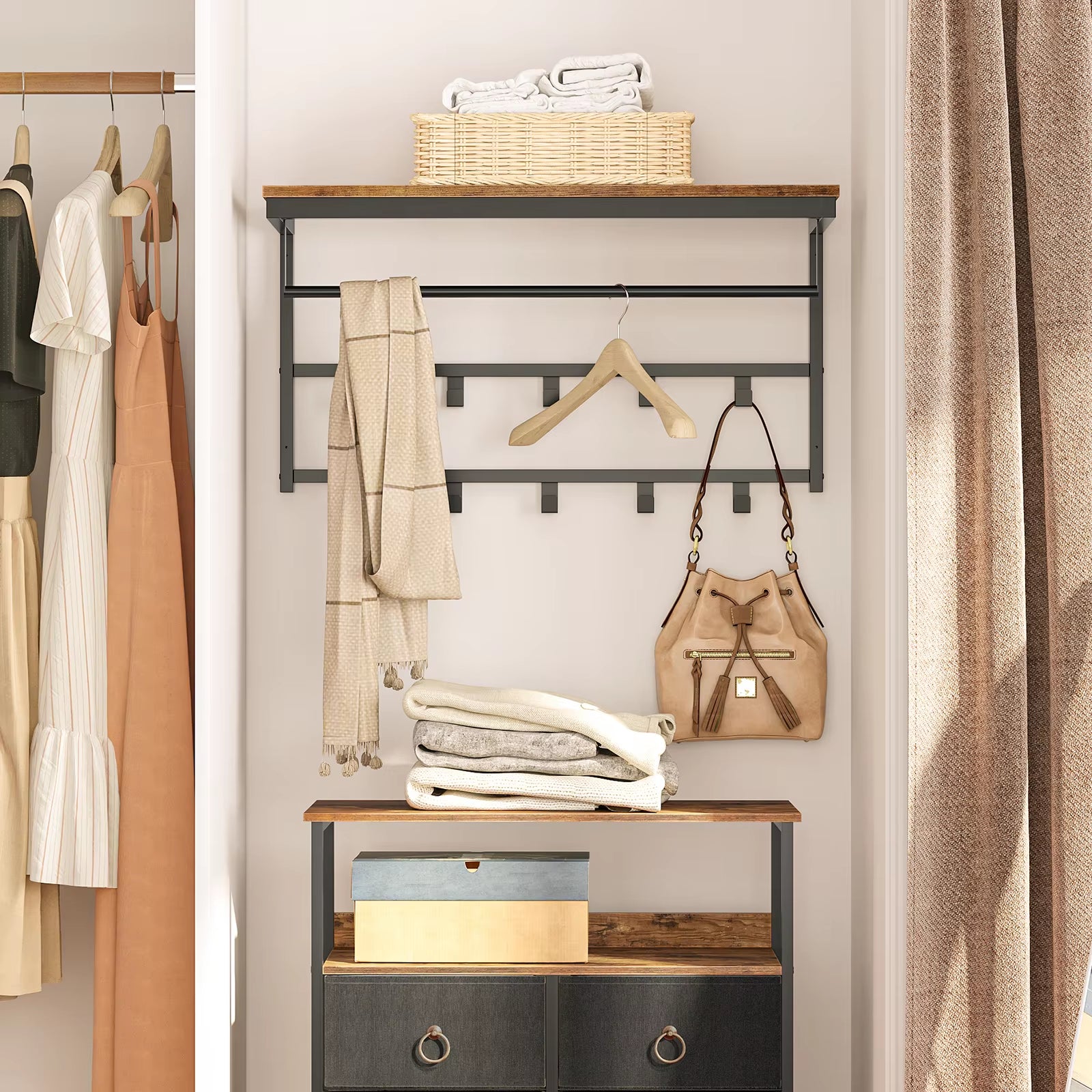 Wall-Mounted Coat Rack with 10 Hooks and Shelf, Ideal for Entryway, Bathroom, Living Room, and Laundry Room