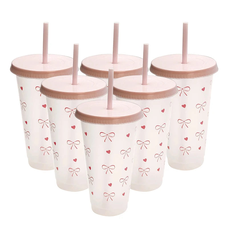 Cute Pink Bow Plastic Cup with Lid & Straw Clear Reusable PP Tumbler Party Cup for Birthday and Baby Showers 〔QTG329〕
