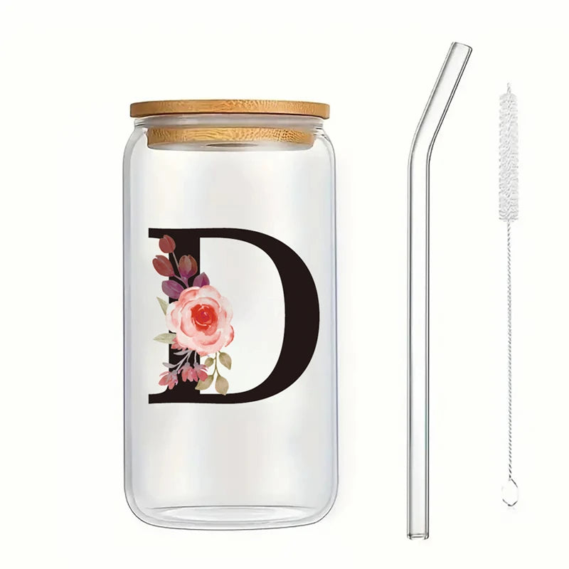 Alphabet Flowers Drinking Glass Letter A-Z Iced Coffee Water Juice Bottle Portable Clear Cup with Lid Straw Brush Birthday Gifts
