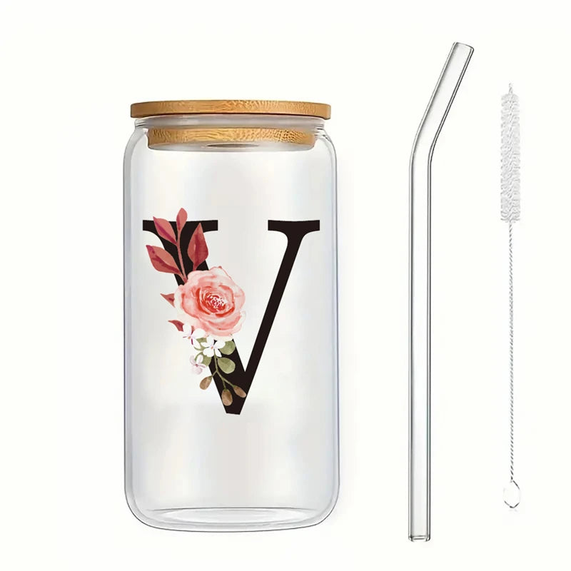 Alphabet Flowers Drinking Glass Letter A-Z Iced Coffee Water Juice Bottle Portable Clear Cup with Lid Straw Brush Birthday Gifts