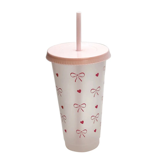 Cute Pink Bow Plastic Cup with Lid & Straw Clear Reusable PP Tumbler Party Cup for Birthday and Baby Showers 〔QTG329〕
