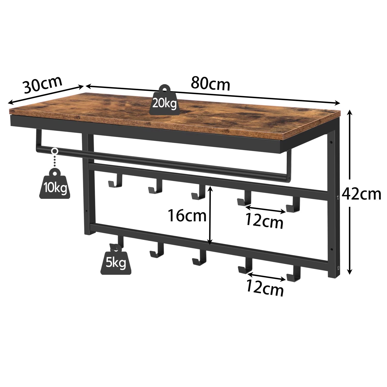 Wall-Mounted Coat Rack with 10 Hooks and Shelf, Ideal for Entryway, Bathroom, Living Room, and Laundry Room