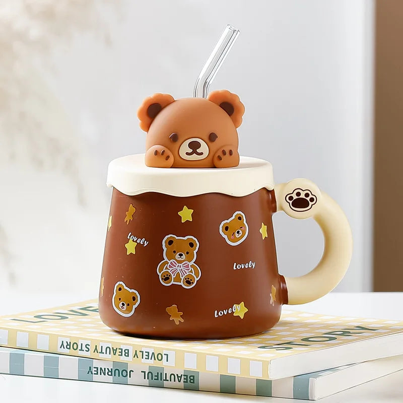 Creative Cute Lovely Bear Ceramic Mug with Lid, Coffee Cups, Breakfast Milk Mugs,Cup with Straw Water Cup, Large Capacity