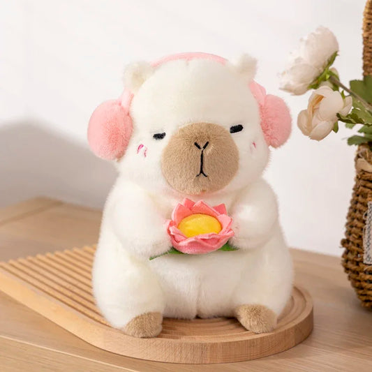 Cute Capybara Plush Toy Stuffed Animals Capybara Hold Lotus Flower White-Face Monkey Soft Doll Kids Toys Birthday Christmas Gift