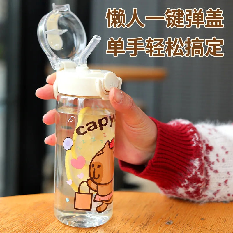 2025 Cross-Border Cartoon Capibala Double Drinking Cups 400Ml Portable Strap Sippy Cups Student Cups Children'S Plastic Cups.