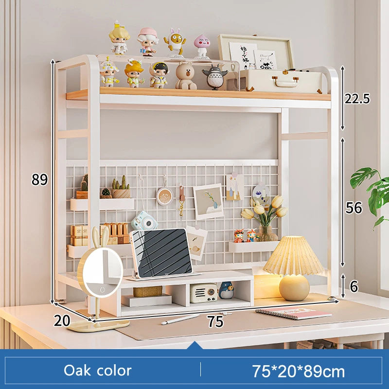 Bookshelf Bookcase with Grid Desktop Multi-Layer Wrought Iron Shelf Student Computer Desk Table Hole Board Table Wooden Shelves