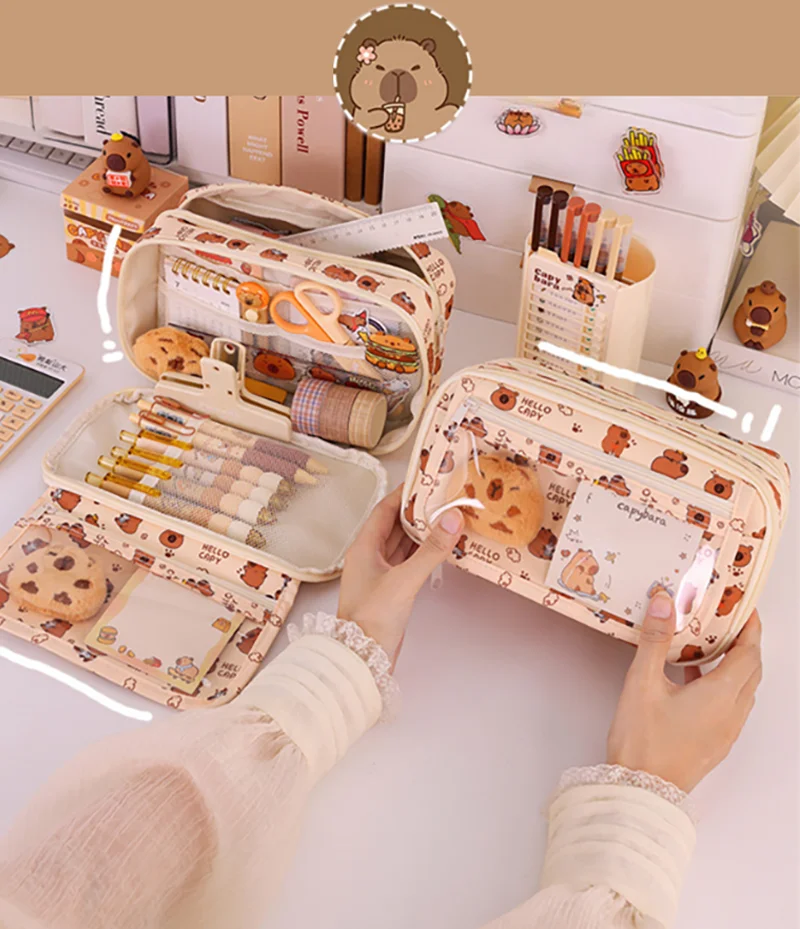 Capybara Multi-Layer Large Capacity Pencil Case Cartoon Stationery Organizer Cute Multi-Functional Pen Pouch for School Supplies