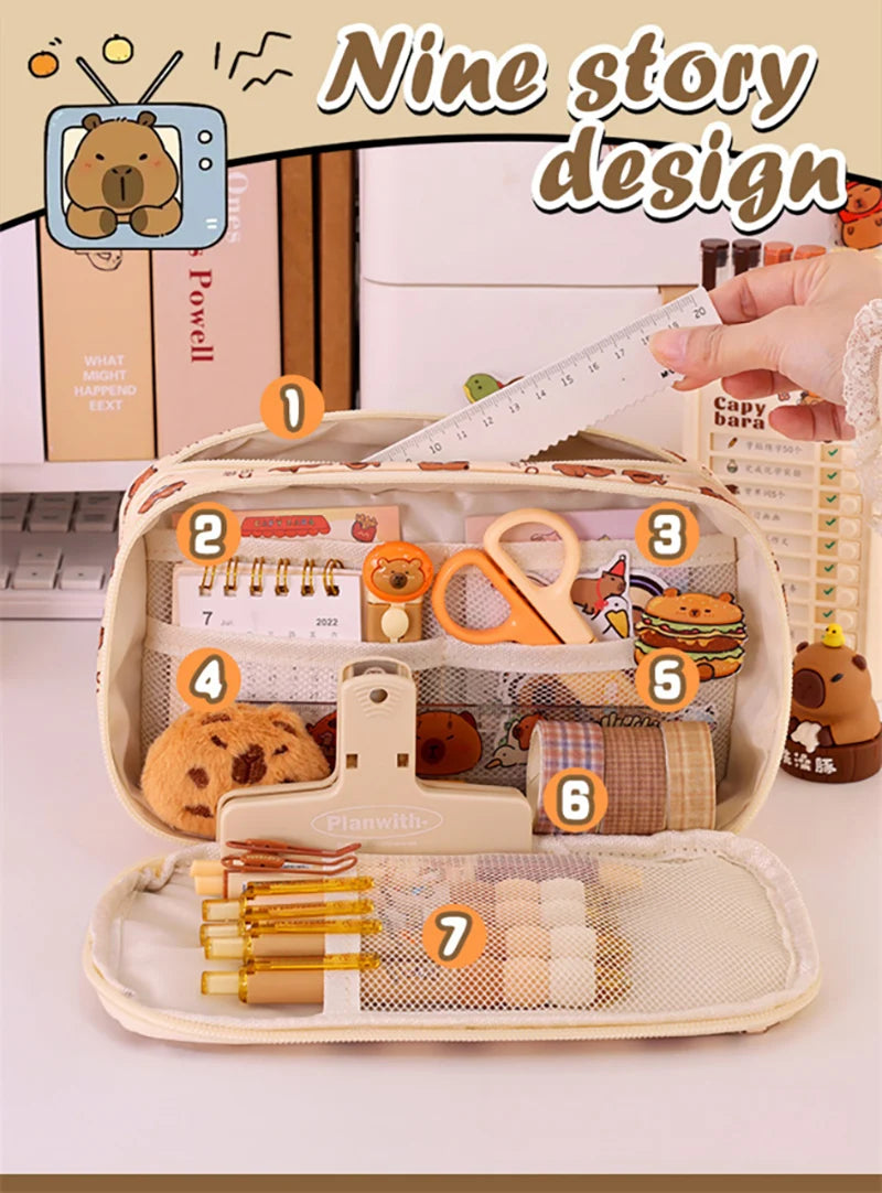 Capybara Multi-Layer Large Capacity Pencil Case Cartoon Stationery Organizer Cute Multi-Functional Pen Pouch for School Supplies