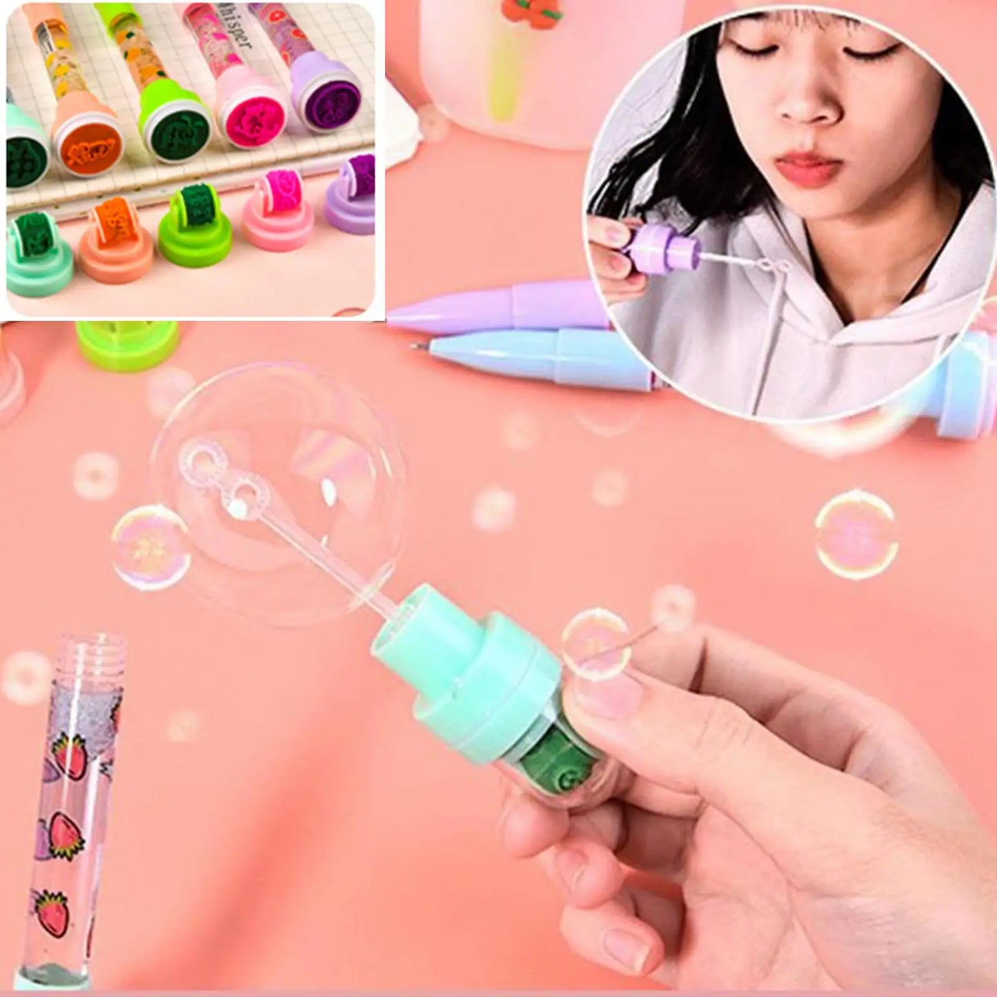 5 In 1 Children Cute Multifunctional Bubble Roller Seal Ballpoint Pen with Light Funny Magic Pen Children's Stationery Girl