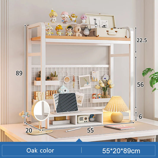 Bookshelf Bookcase with Grid Desktop Multi-Layer Wrought Iron Shelf Student Computer Desk Table Hole Board Table Wooden Shelves