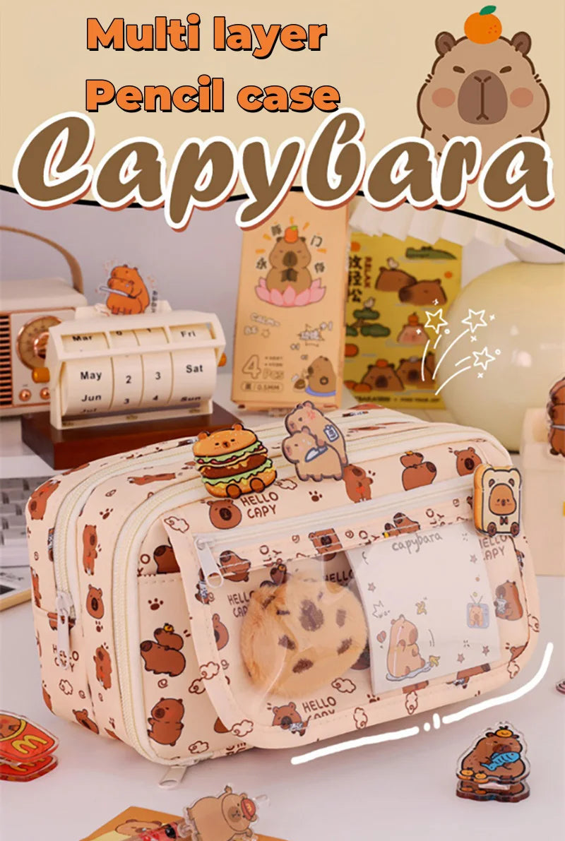 Capybara Multi-Layer Large Capacity Pencil Case Cartoon Stationery Organizer Cute Multi-Functional Pen Pouch for School Supplies