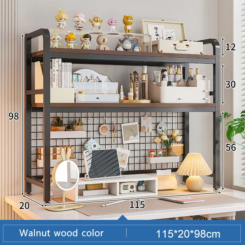 Bookshelf Bookcase with Grid Desktop Multi-Layer Wrought Iron Shelf Student Computer Desk Table Hole Board Table Wooden Shelves