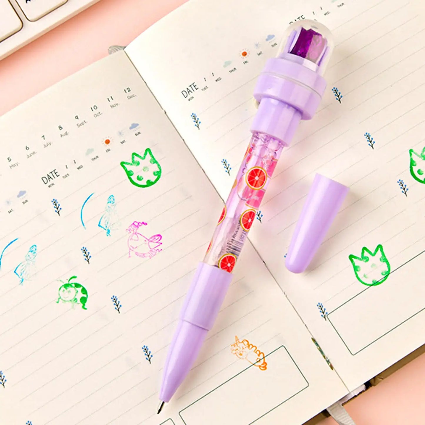 5 In 1 Children Cute Multifunctional Bubble Roller Seal Ballpoint Pen with Light Funny Magic Pen Children's Stationery Girl