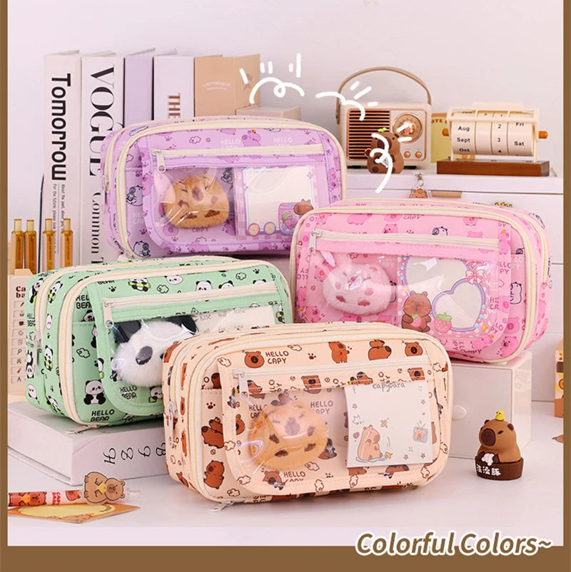 Capybara Multi-Layer Large Capacity Pencil Case Cartoon Stationery Organizer Cute Multi-Functional Pen Pouch for School Supplies