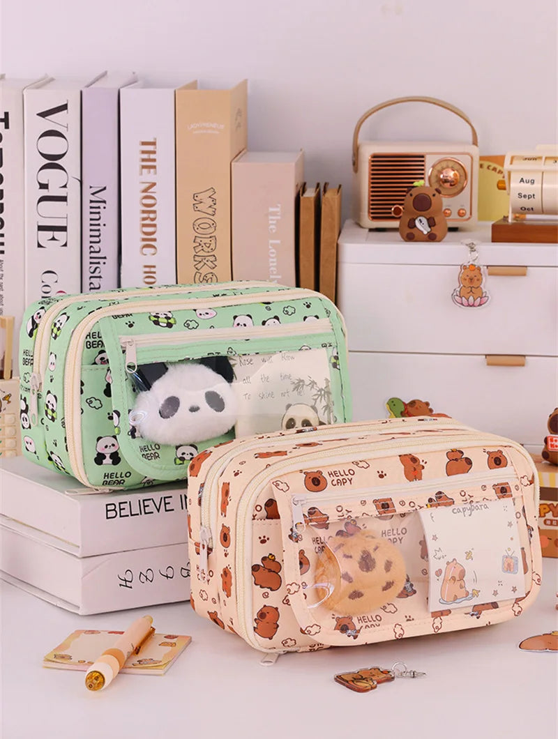 Capybara Multi-Layer Large Capacity Pencil Case Cartoon Stationery Organizer Cute Multi-Functional Pen Pouch for School Supplies