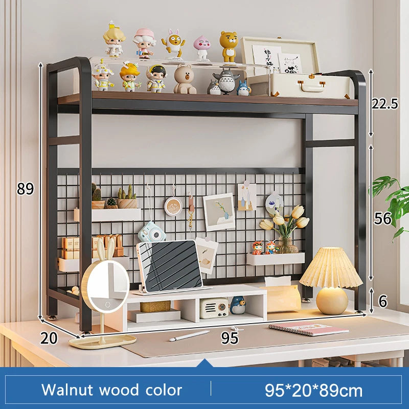 Bookshelf Bookcase with Grid Desktop Multi-Layer Wrought Iron Shelf Student Computer Desk Table Hole Board Table Wooden Shelves