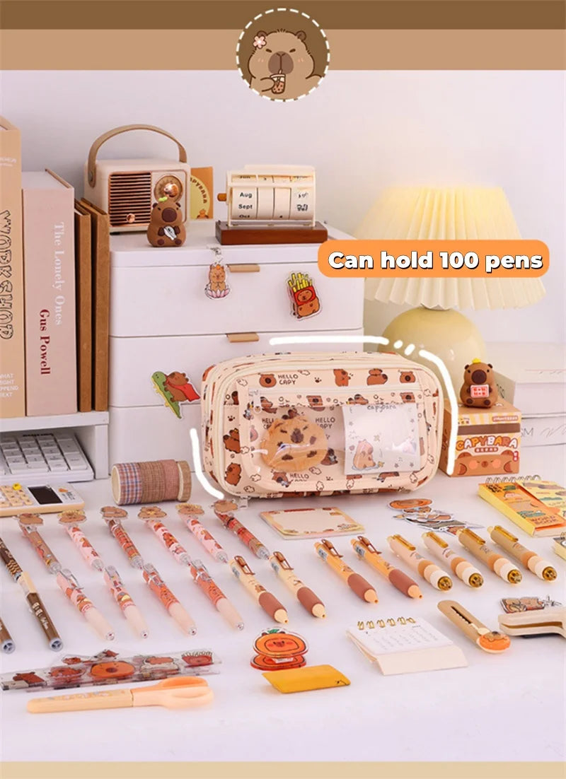 Capybara Multi-Layer Large Capacity Pencil Case Cartoon Stationery Organizer Cute Multi-Functional Pen Pouch for School Supplies