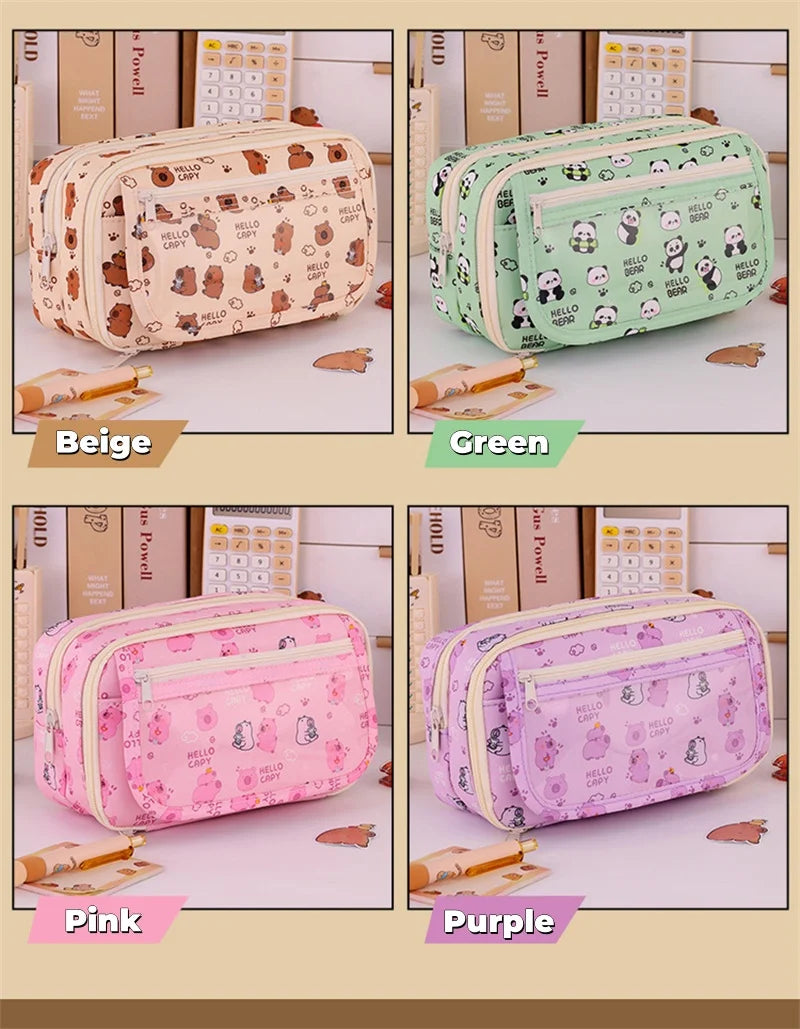 Capybara Multi-Layer Large Capacity Pencil Case Cartoon Stationery Organizer Cute Multi-Functional Pen Pouch for School Supplies