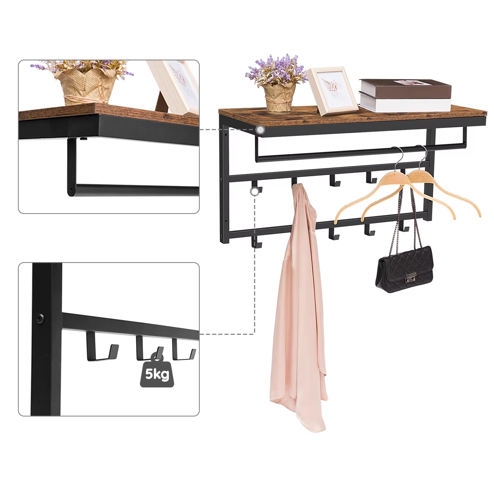 Wall-Mounted Coat Rack with 10 Hooks and Shelf, Ideal for Entryway, Bathroom, Living Room, and Laundry Room