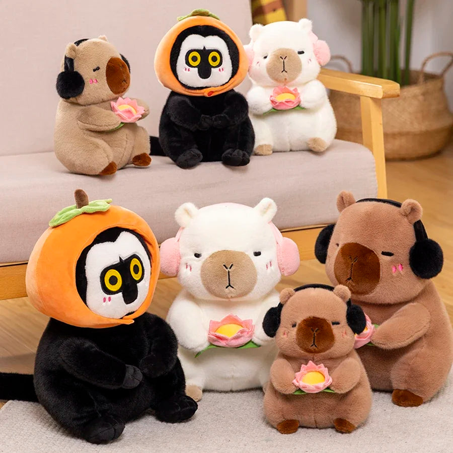 Cute Capybara Plush Toy Stuffed Animals Capybara Hold Lotus Flower White-Face Monkey Soft Doll Kids Toys Birthday Christmas Gift
