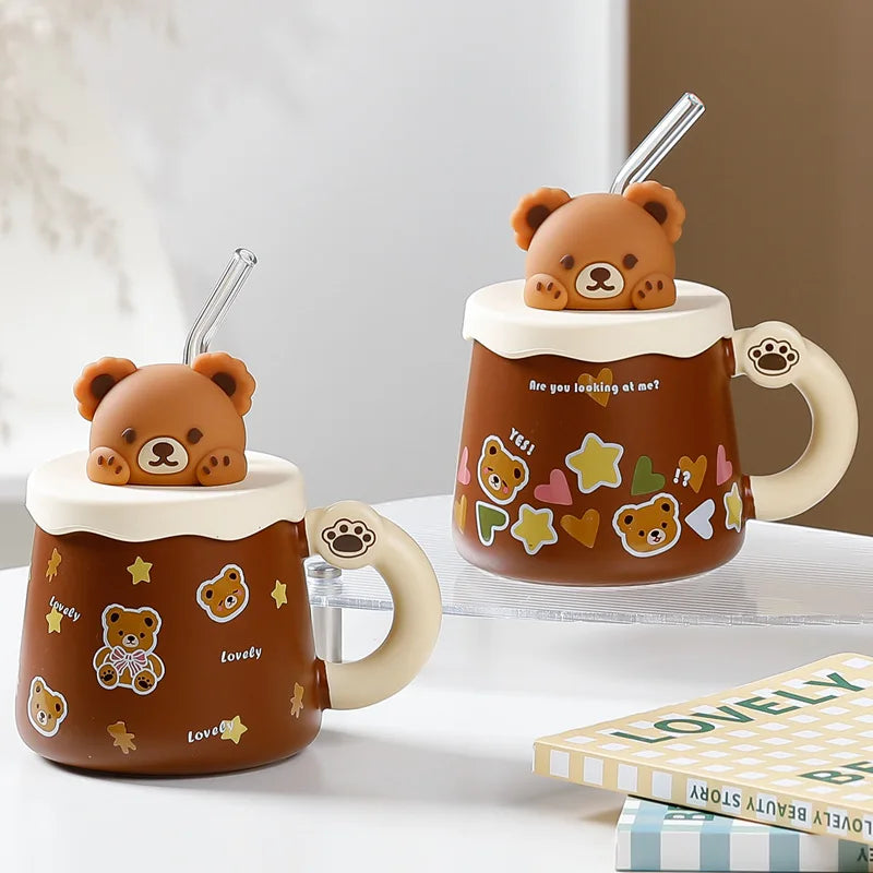 Creative Cute Lovely Bear Ceramic Mug with Lid, Coffee Cups, Breakfast Milk Mugs,Cup with Straw Water Cup, Large Capacity