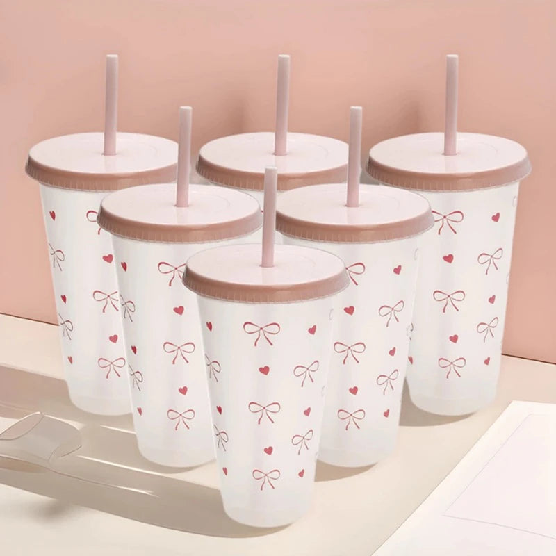 Cute Pink Bow Plastic Cup with Lid & Straw Clear Reusable PP Tumbler Party Cup for Birthday and Baby Showers 〔QTG329〕