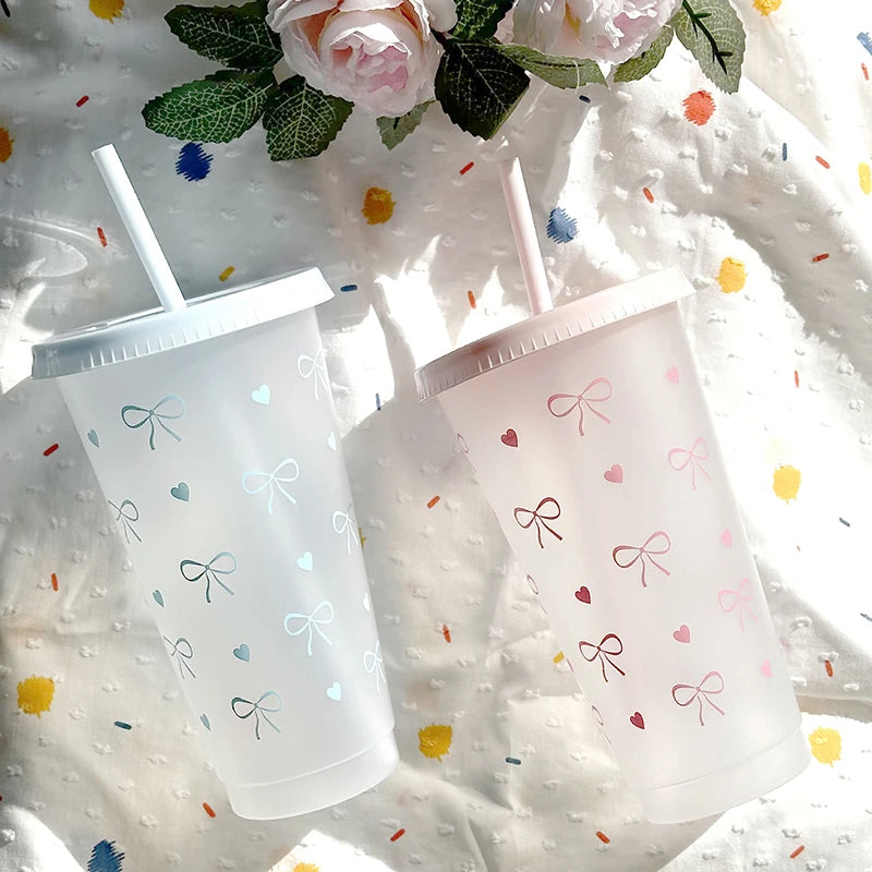 Cute Pink Bow Plastic Cup with Lid & Straw Clear Reusable PP Tumbler Party Cup for Birthday and Baby Showers 〔QTG329〕