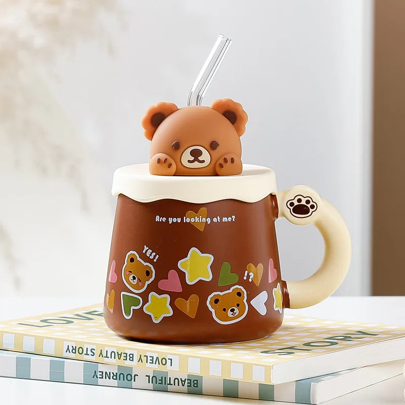 Creative Cute Lovely Bear Ceramic Mug with Lid, Coffee Cups, Breakfast Milk Mugs,Cup with Straw Water Cup, Large Capacity
