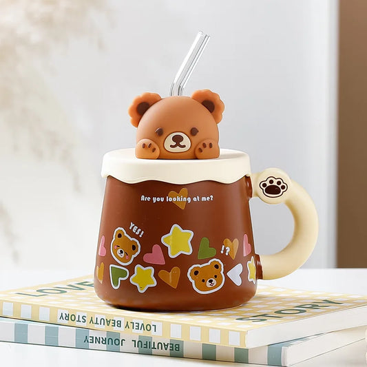 Creative Cute Lovely Bear Ceramic Mug with Lid, Coffee Cups, Breakfast Milk Mugs,Cup with Straw Water Cup, Large Capacity