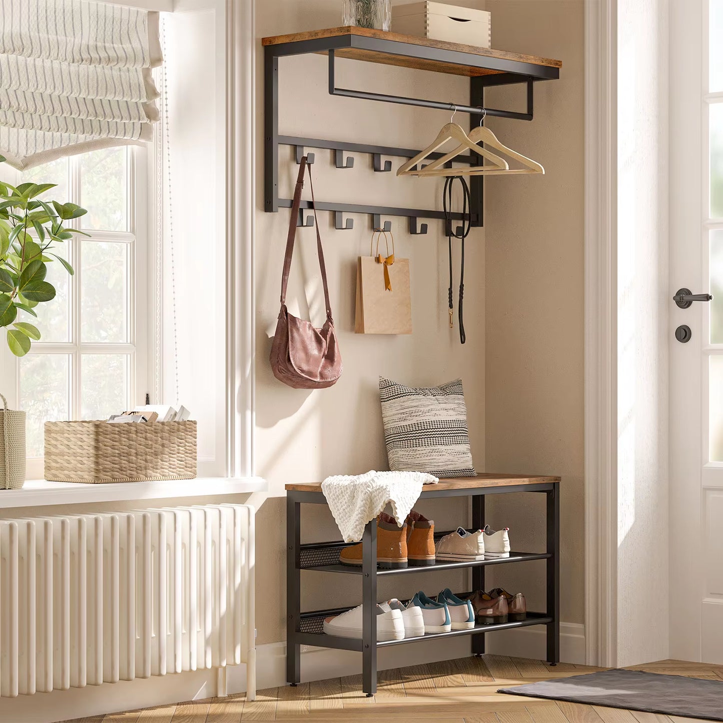 Wall-Mounted Coat Rack with 10 Hooks and Shelf, Ideal for Entryway, Bathroom, Living Room, and Laundry Room