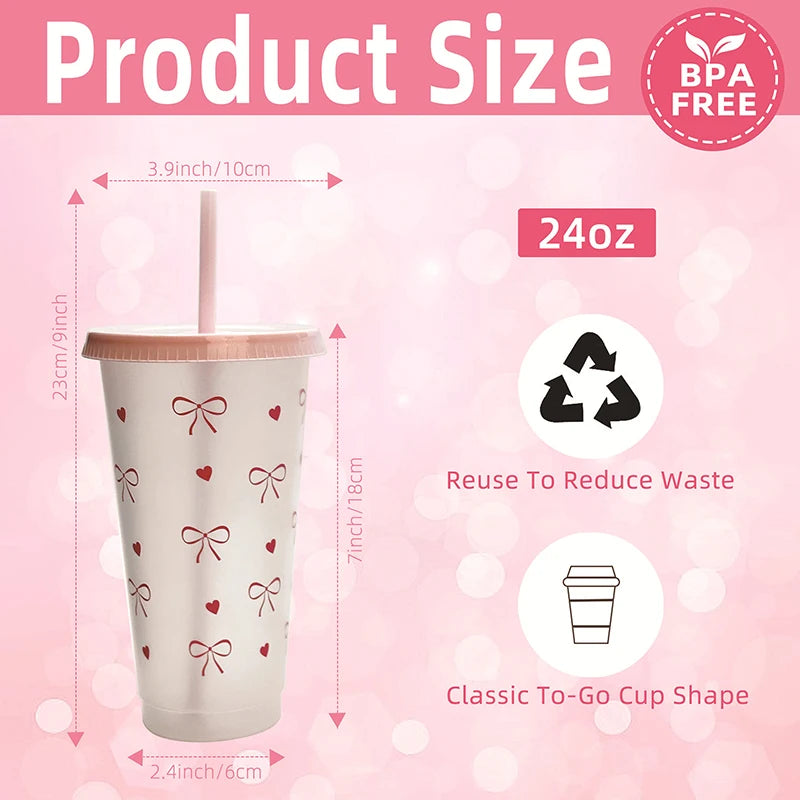 Cute Pink Bow Plastic Cup with Lid & Straw Clear Reusable PP Tumbler Party Cup for Birthday and Baby Showers 〔QTG329〕