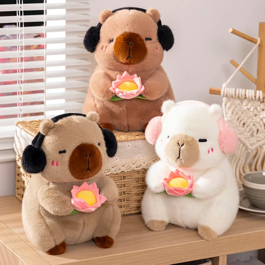Cute Capybara Plush Toy Stuffed Animals Capybara Hold Lotus Flower White-Face Monkey Soft Doll Kids Toys Birthday Christmas Gift