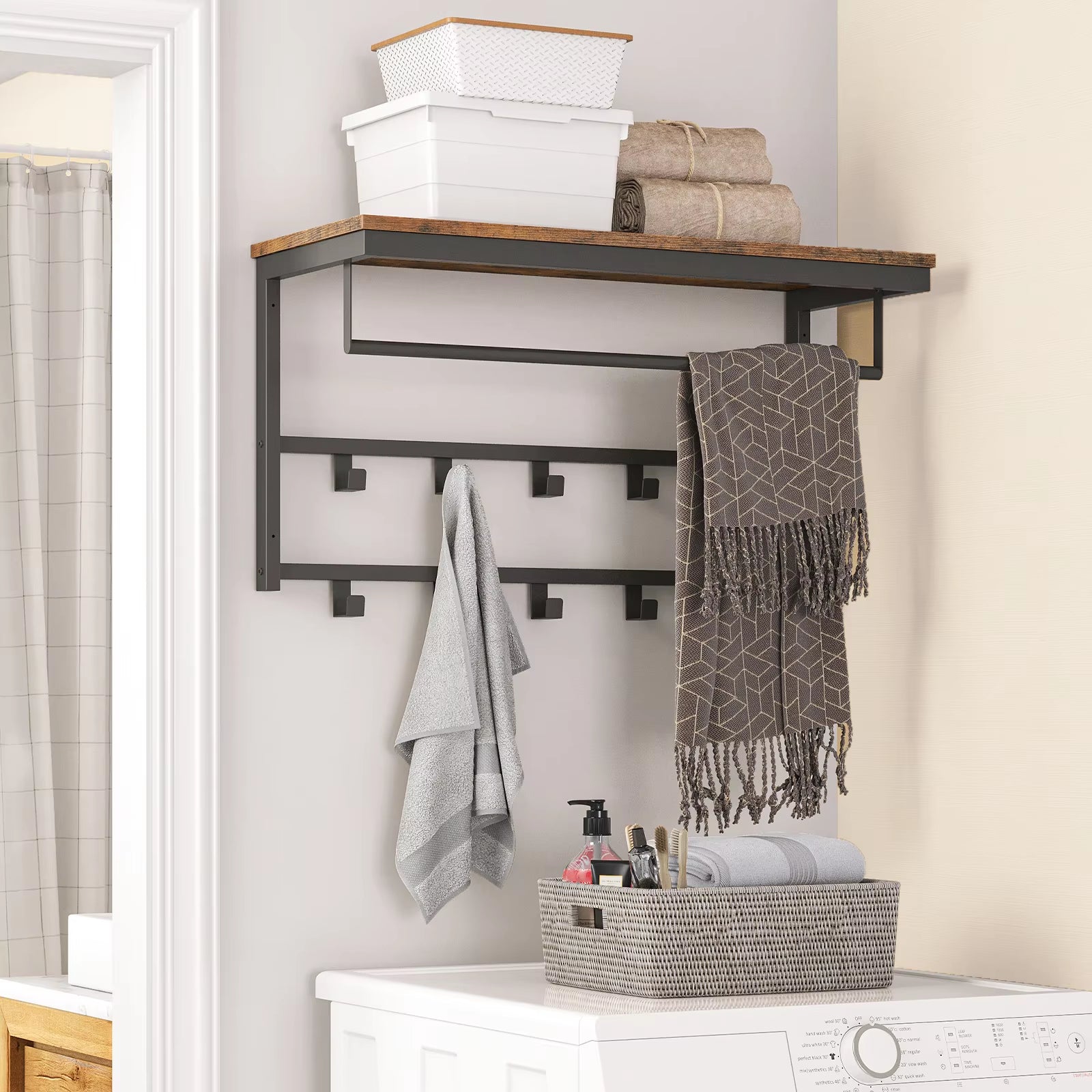 Wall-Mounted Coat Rack with 10 Hooks and Shelf, Ideal for Entryway, Bathroom, Living Room, and Laundry Room
