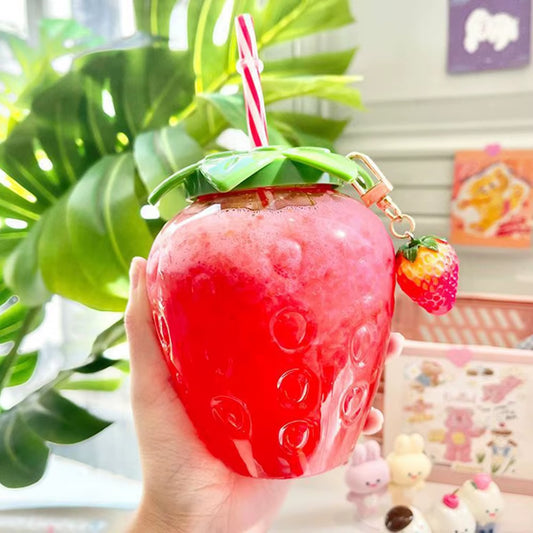Strawberry Shape Water Cup Plastic Water Bottle with Straw Portable Drinking Bottle Juice Tea Cup Home Office Drinkware